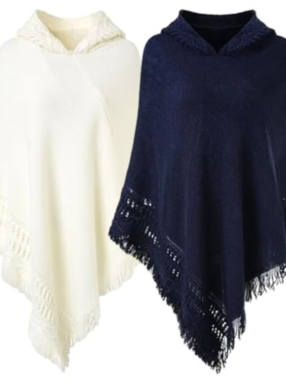 2 Pack Women's Hooded Knit Poncho Sweaters Fringed Cape Shawl